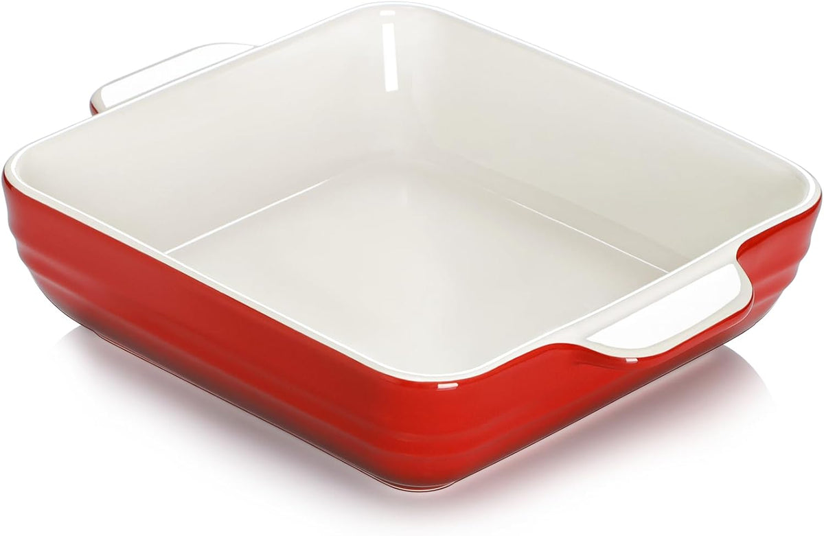 NUTRIUPS 8x8x2.4 inch Square Baking Dish, 50 Oz /1.6 Qt Ceramic Baking Pan with Handles, Casserole Dish for Oven, Porcelain Bakeware (Gradient Red)