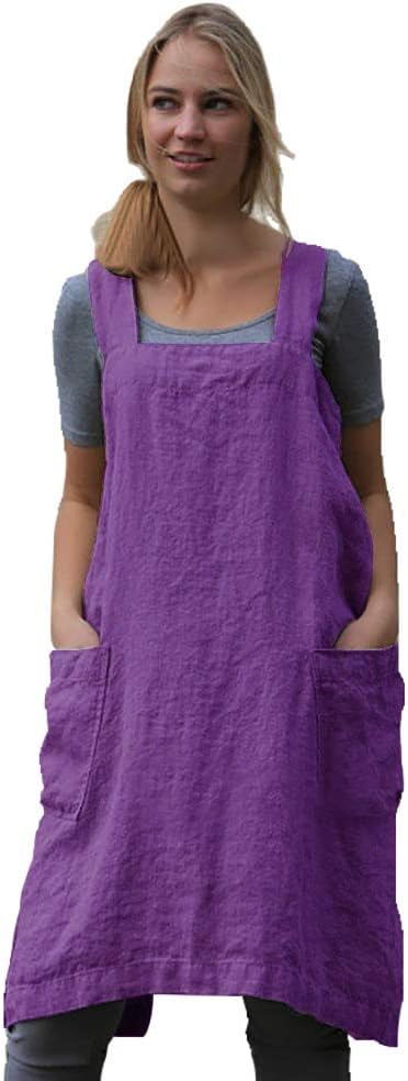 Women's Pinafore Square Apron Baking Cooking Gardening Works Cross Back Cotton/Linen Blend Dress with 2 Pockets