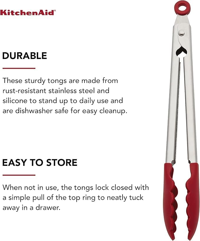 KitchenAid Silicone Stainless Steel Tongs, 12 Inch, Red