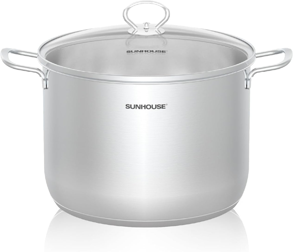 SUNHOUSE Stainless Steel Stock Pot – 12.6 Quart Heavy-Duty Induction Cooking Pot with Glass Lid for Pasta, Soup, Spaghetti – Thick-Bottom Large Stockpot for Boiling, Simmering, Canning
