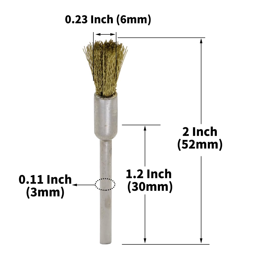 20PCS Brass Wire Brushes - Metal Rust Removal, Cleaning, and Polishing - 6mm Diameter, 1/8″ (3mm) Shaft - Removes Burrs, Dust, and Oxide Layer - Handles Rough Surfaces - Rotary Tool Accessories