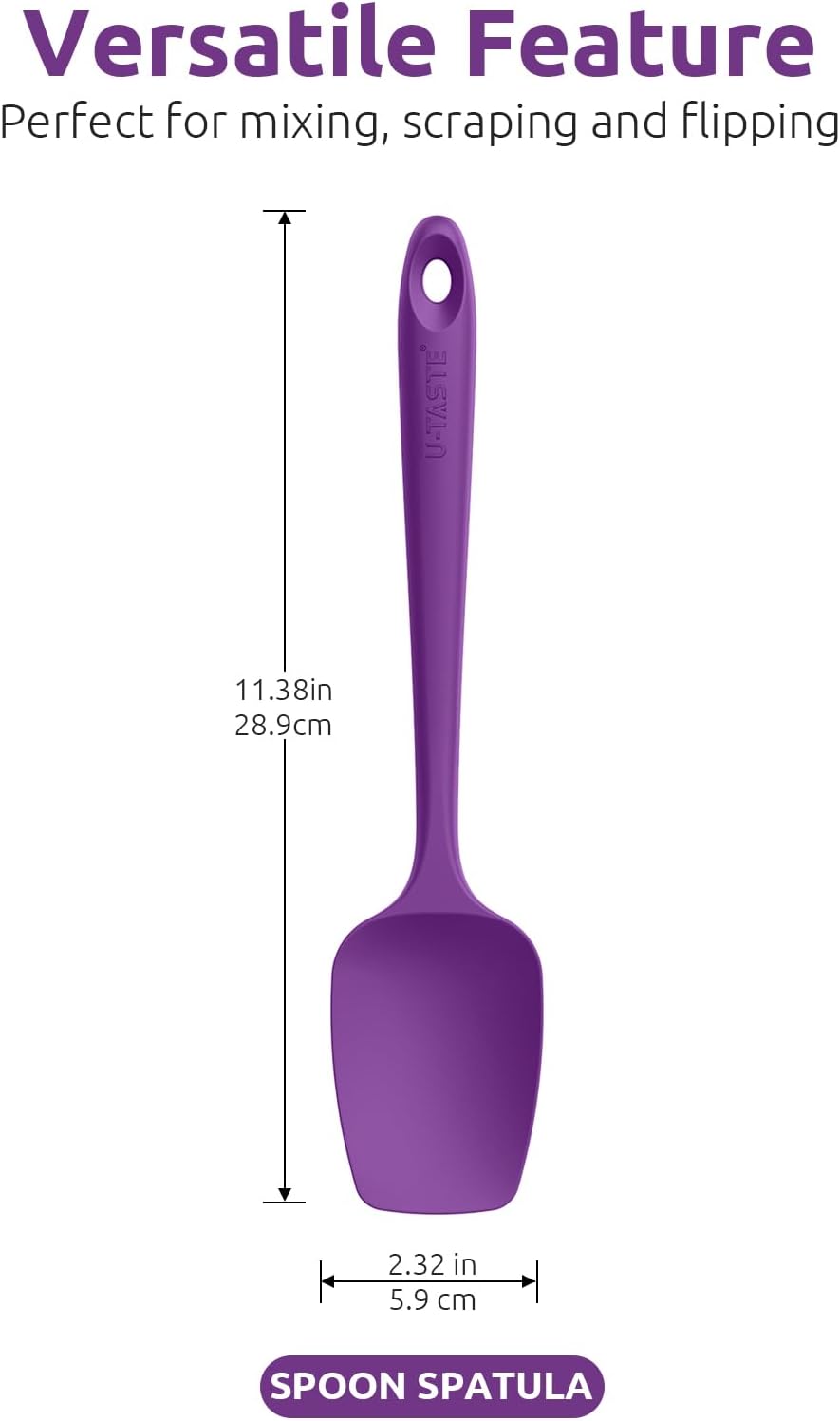U-Taste Silicone Spoon Spatula Set: 480ºF Heat Resistant Food Grade Flexible Rubber Spoonula, Nonstick Cooking Mixing Scooping Kitchen Baking Scraper Utensils Set of 3 for Pan, Pot, Bowl (Purple)
