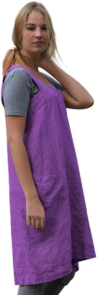 Women's Pinafore Square Apron Baking Cooking Gardening Works Cross Back Cotton/Linen Blend Dress with 2 Pockets