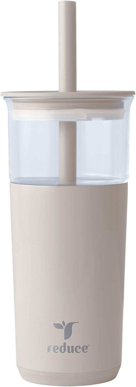 REDUCE Aspen 20 oz Vacuum Insulated Glass Tumbler with Lid & Extra Wide Straw - Keeps Drinks Cold for 12 Hrs - Ideal for Iced Coffee, Smoothies & Boba - Dishwasher Safe, Soft Base - Sand