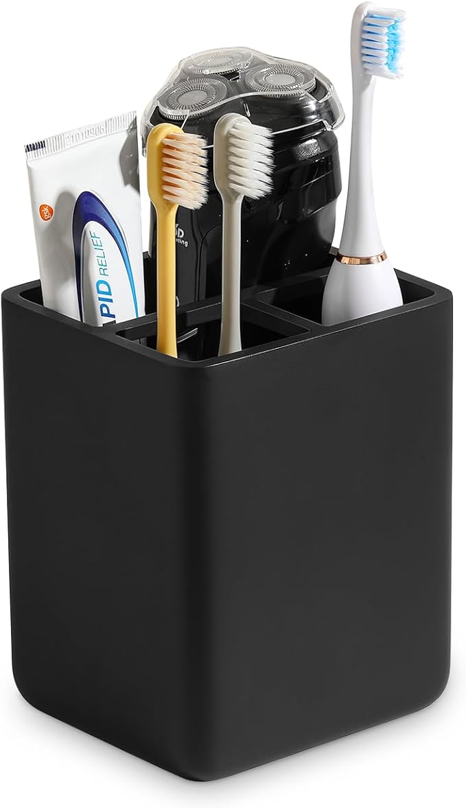 Luxspire Toothbrush Holders, 3 Slots Toothpaste & Toothbrush Holder for Bathroom, Resin Toothbrush Stand, Electric Toothbrush Holder with Drain Hole, Bathroom Organizer Countertop, Matte Black