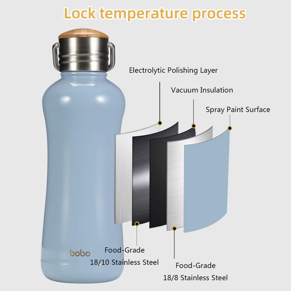 YOHKOH Mini Vacuum Insulated Water Bottle With Bamboo Lid - Stainless Steel Thermos Water Bottle for Women Girls Kids, Metal Sports Hot and Cold Water Bottle Leak-Proof BPA-Free (11.8oz,Blue)