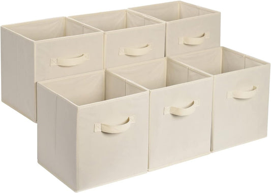 Amazon Basics Collapsible Fabric Storage Cube Bins Organizer with Handles, Sturdy, Beige, 13-x-13-x-13-inch, Pack of 6