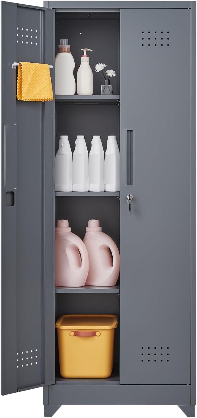 FLEXIMOUNTS 65'' Tall Metal Storage Cabinet with Locking Door, Large Cleaning Tool Organizer for Brooms, Garage, Laundry Room, Bathroom, Dark Grey