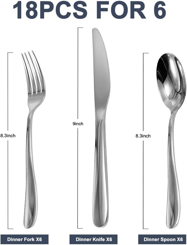 Stainless Steel 18PCS Dinner Set combo with 6 Dinner Knives, 6 Dinner Forks, 6 Dinner Spoons，Silverware Set for Home, Kitchen and Restaurant, Mirror Polished& Dishwasher Safe
