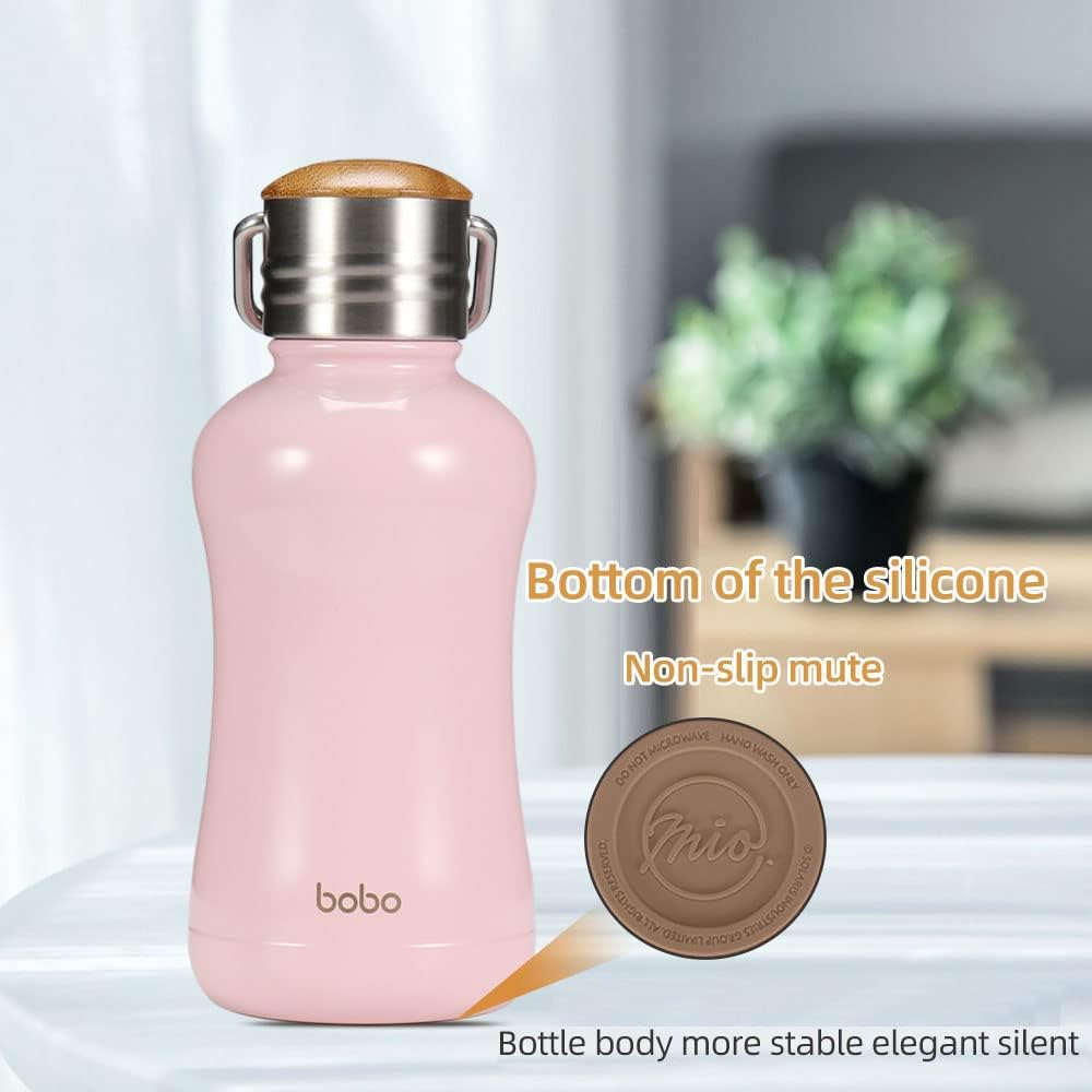 YOHKOH Mini Insulated Water Bottle With Bamboo Lid - 8.8oz Small Vacuum Insulated Water Bottle for Women Kids, 12 Hrs Hot & 24 Hrs Cold Stainless Steel Thermos Leak-Proof BPA-Free (8.8oz,Pink)