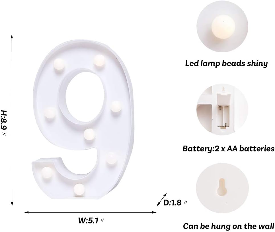 Foaky Decorative Led Marquee Light Up Number, Marquee Light Up Number Sign for Night Light Wedding Birthday Party Christmas Home Bar Decoration Number(9)