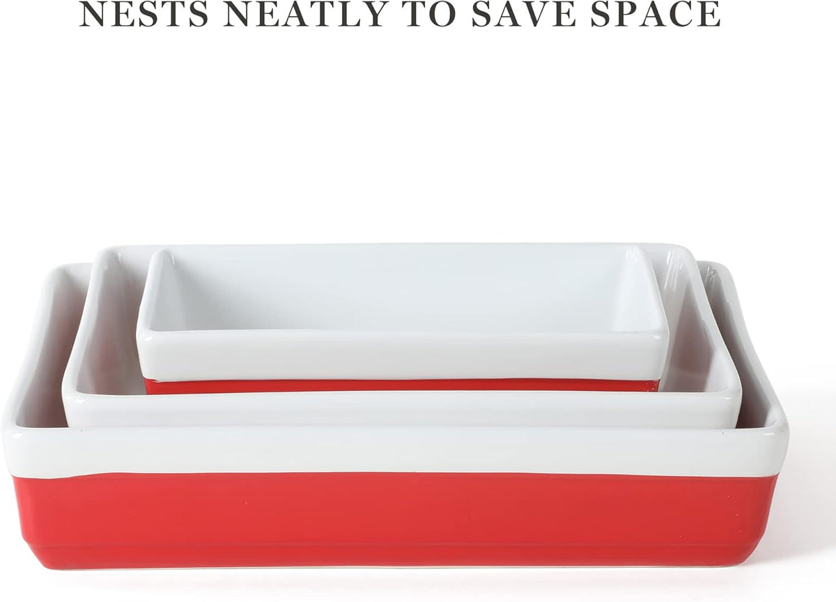 MARTHA STEWART 3 Piece Oven to Table Stoneware Bakeware, Baking Dish & Casserole Set - Red