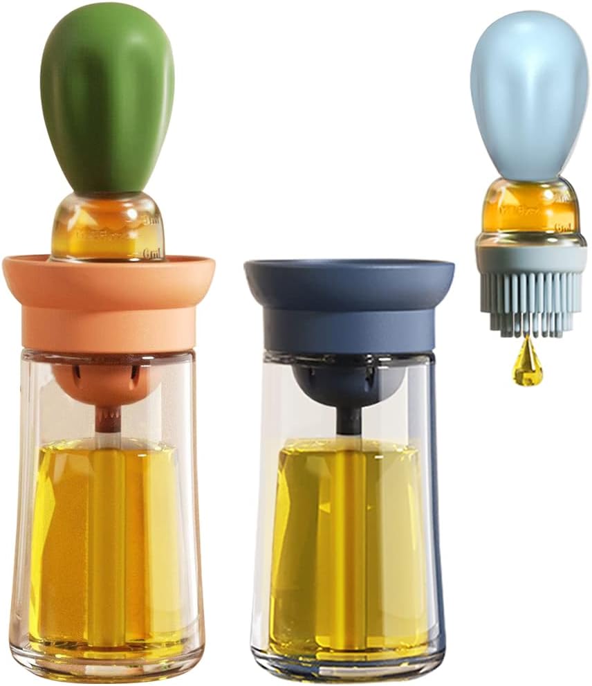 Oil Dispenser with Brush - 2 Pack Glass Olive Oil Dispenser Bottle with Basting Brush for Cooking Frying Baking Kitchen 180ml, T-OB21 Blue+Green