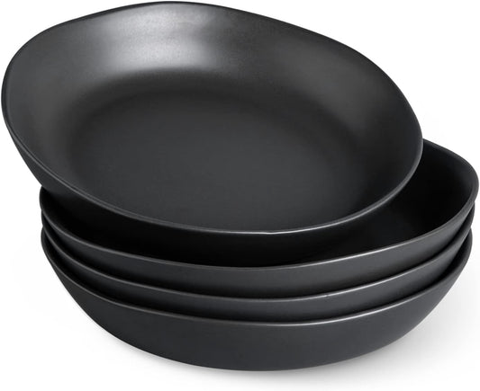 AmorArc 9.75'' Ceramic Large Pasta Bowls, 38oz Stoneware Flat Serving Bowls Set of 4, Oven,Microwave&Dishwasher Safe Bowls with Wavy Rim for Fruit Pasta Salad Meal, Matte Black