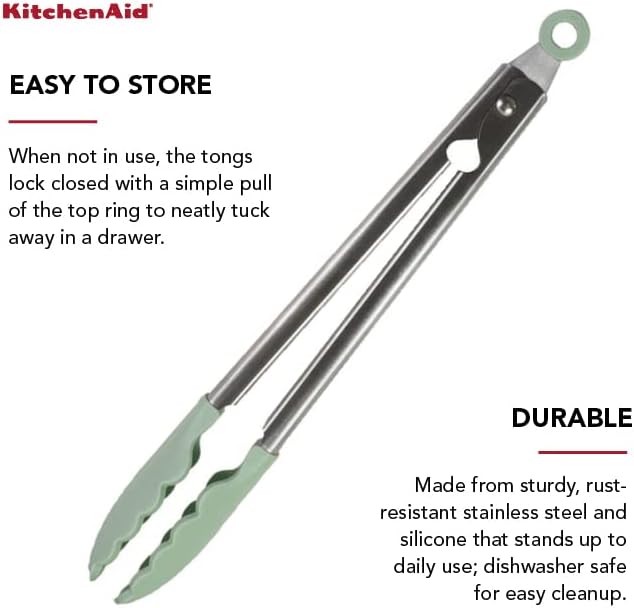KitchenAid Gourmet Silicone-Tipped Stainless Steel Tongs, 12 Inch, Pistachio