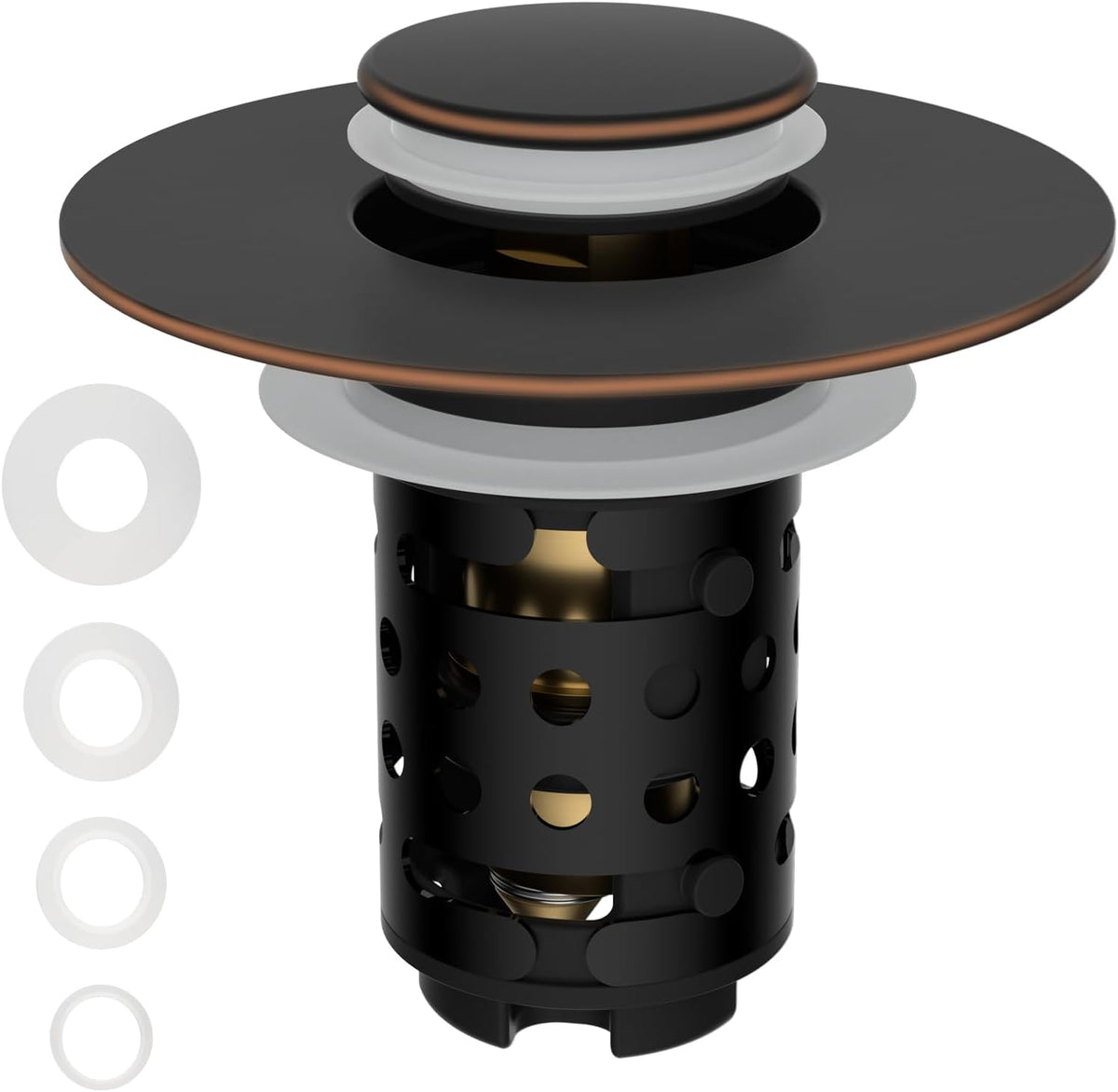 Universal Bathroom Sink Stopper Hair Catcher Upgraded with 2-Layer Detachable Filter Basket, 4 in 1 Pop Up Drain Strainer, Anti-Clog, Odor-Block, Fit for 1.1''~2.36'' Sinks, Oil Rubbed Bronze