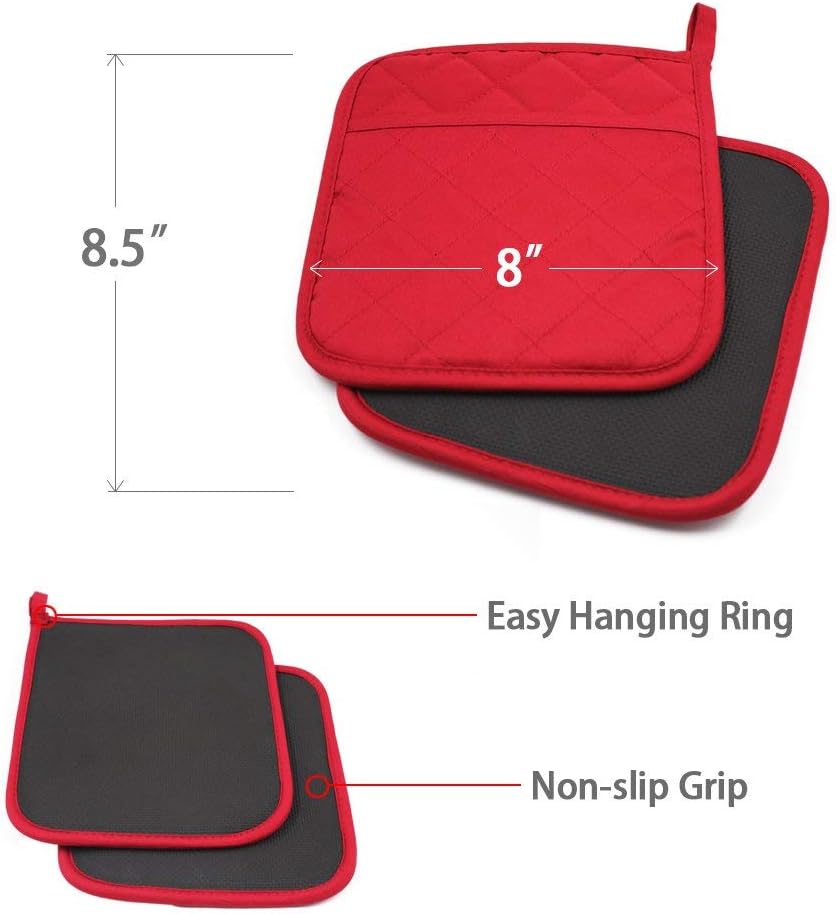 Cotton and Neoprene Oven Pads Pot Holders with Pocket 8"x8.5" Dual-Function Hot Pad Set for Finger Hand Wrist Protection Heat Resistant to 428°F Red