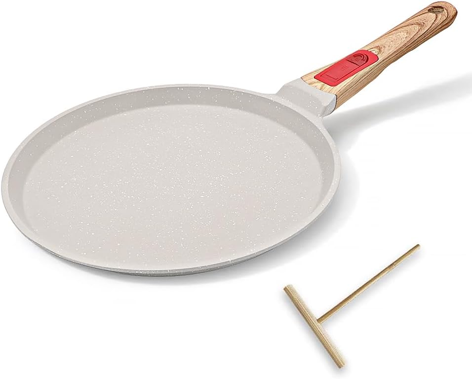 Non Stick Crepe Pan with Detachable Handle, 10 Inch Cast Aluminium Dosa Tawa Tortilla Pan, Pancake Pan Induction Compatible - White