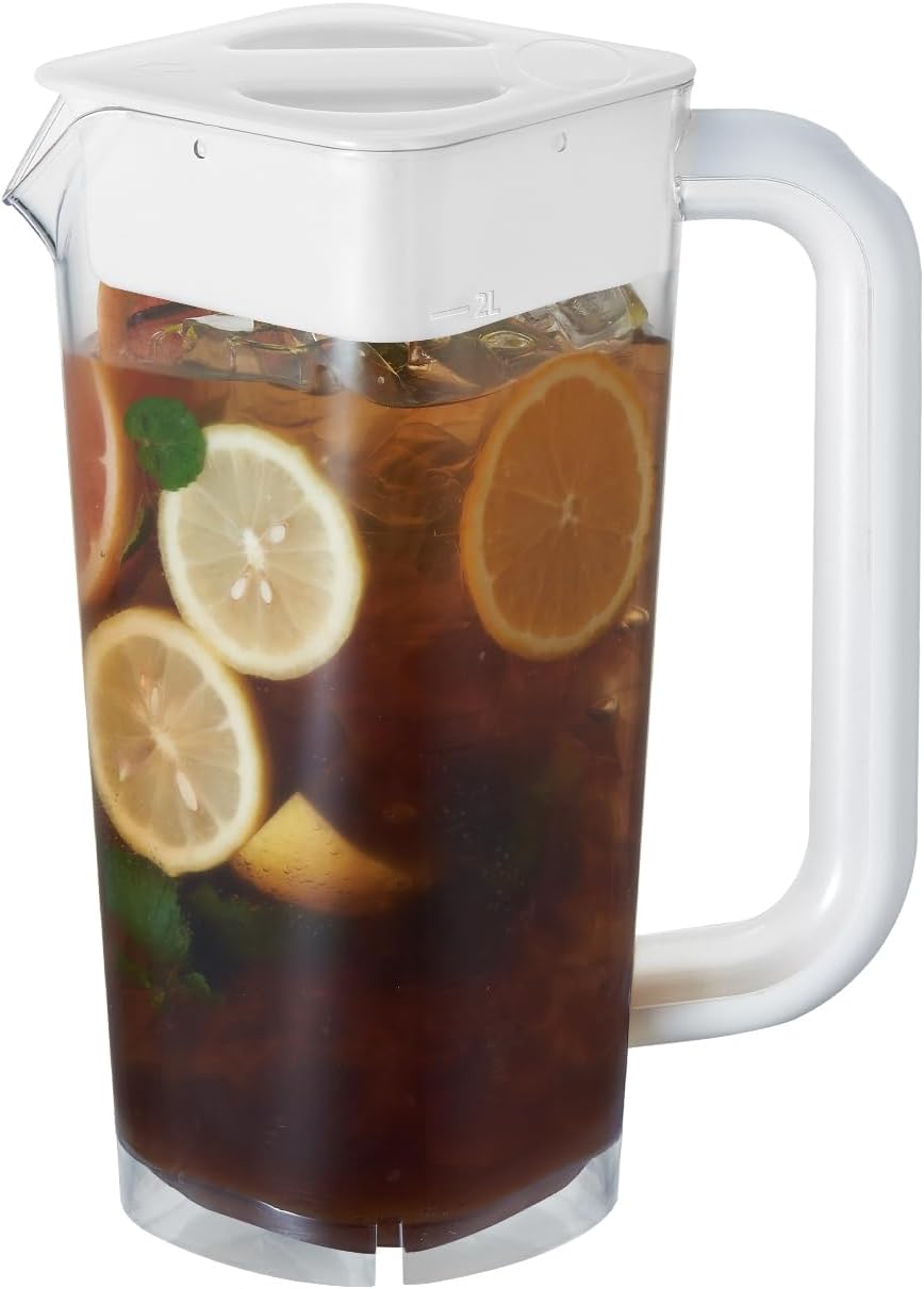 CURTA 1 Pack 2 Liters/68 oz Plastic Square Pitcher with Lid & Handle for Kitchen,ICED JUICE and Coffee Carafe Beverage Serveware, Acrylic Water Jug for Hot/Cold Drinks&lemonade