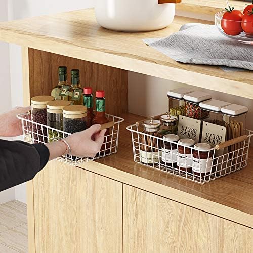 Kitchen Wire Baskets Farmhouse Decor Metal Food Storage Organizer,Household Refrigerator Bin with Built-in Handles for Cabinets, Pantry, Bathroom,2 Packs(white)