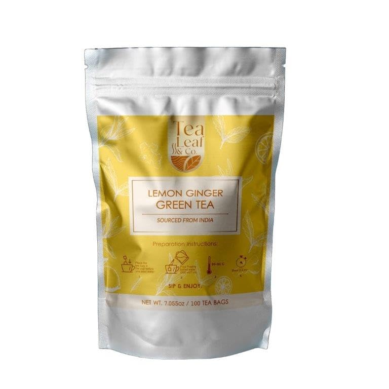 Tealeaf & Co. Lemon Ginger Green Tea with Ginger, Lemon Flavor, Orange Peel, Mint & Black Pepper - Organic Green Tea Bags with Fresh Herbs and Spices - Vegan - 100 Teabags (7.055oz/200gm)