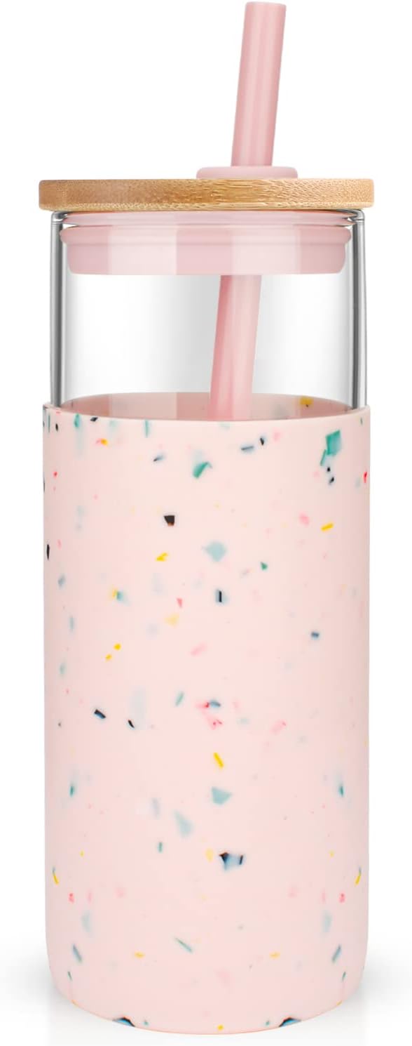 Tronco 20 oz Glass Tumbler Glass Water Bottle Straw Silicone Protective Sleeve Bamboo Lid - BPA Free (Terrazzo Blush)