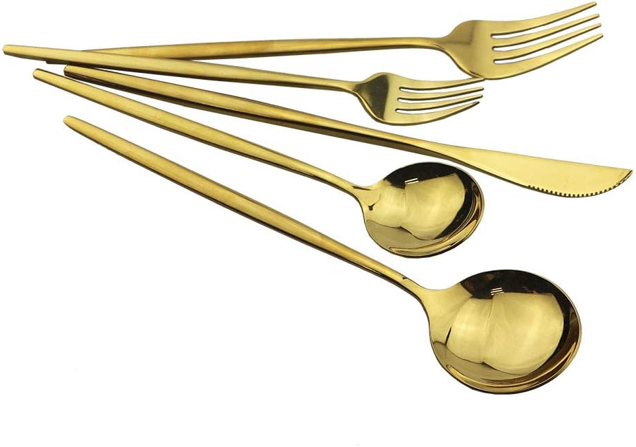 Shiny Gold Silverware Set, JASHII 20-Piece Stainless Steel Satin Finish Flatware Set, Kitchen Utensil Set, Mirror Polished Tableware Cutlery Set for Home and Restaurant, Dishwasher Safe