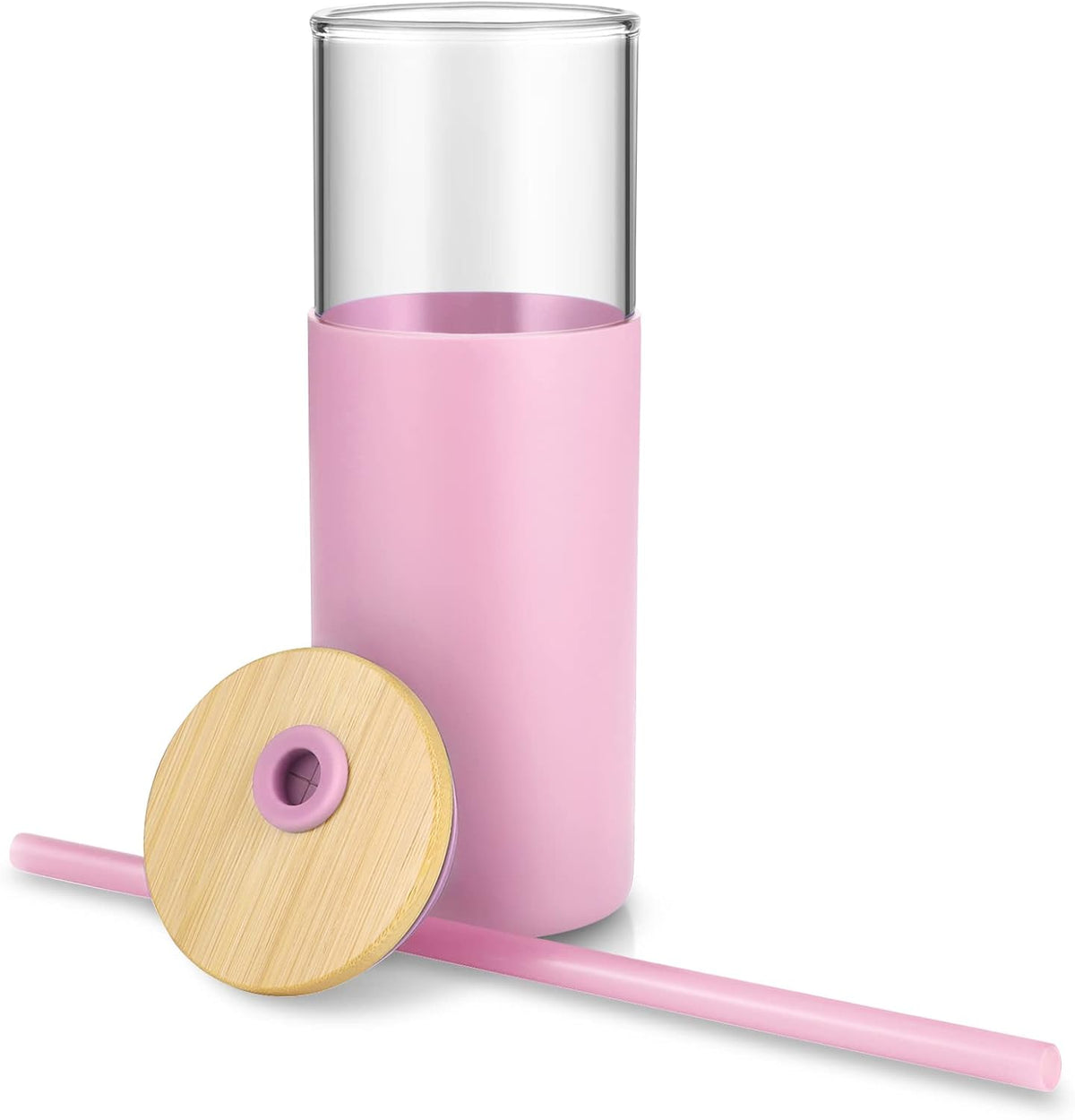 Tronco 24 oz Glass Tumbler with Straw and Lid - Glass Cup with Lid and Straw, Smoothie Cup, Iced Coffee Cup - Bamboo Lid and Protective Silicone Sleeve - BPA-Free