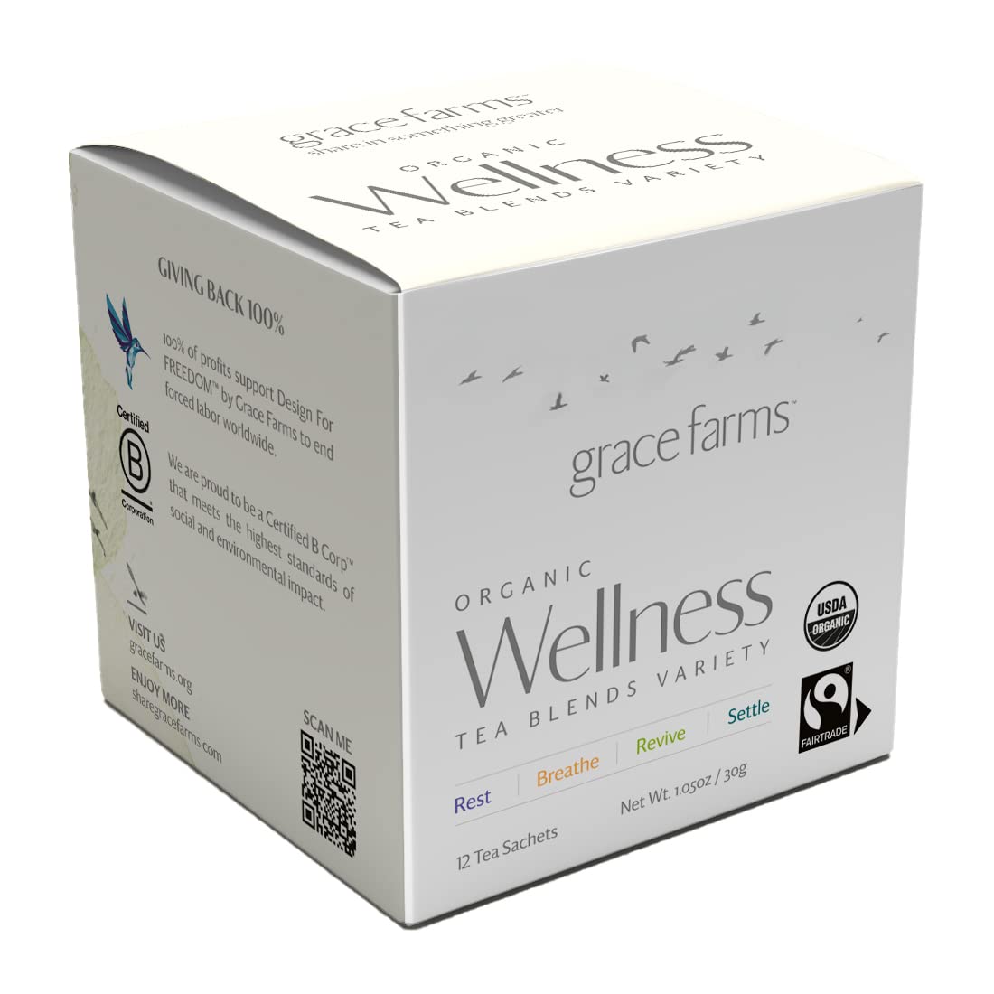 Grace Farms Wellness Organic Tea Blend Variety Box (12 Enveloped Sachets) | BREATHE, REST, REVIVE, and SETTLE | 3 Sachets of Each Tea With Adaptogens | Fairtrade & Kosher | Gives Back 100% of Profits