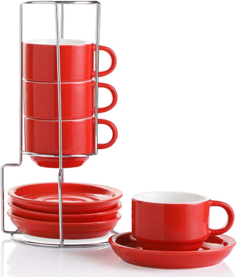 Sweejar Porcelain Espresso Cups with Saucers, 4 Ounce Stackable Cappuccino Cups with Metal Stand for Coffee Drinks, Latte, Tea - Set of 4 (Red)