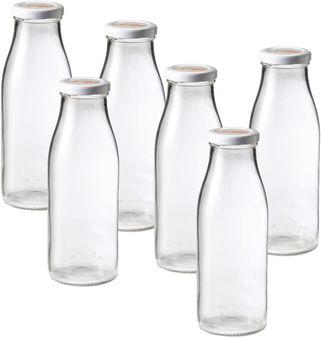 Le Parfait Bottles French Glass Milk Bottle with 48mm Printed Logo Airtight Metal Twist Cap | Used for Smoothie, Water Bottle, Preserved Tomato Sauce & other Soups | 16oz (Pack of 6) 500ml