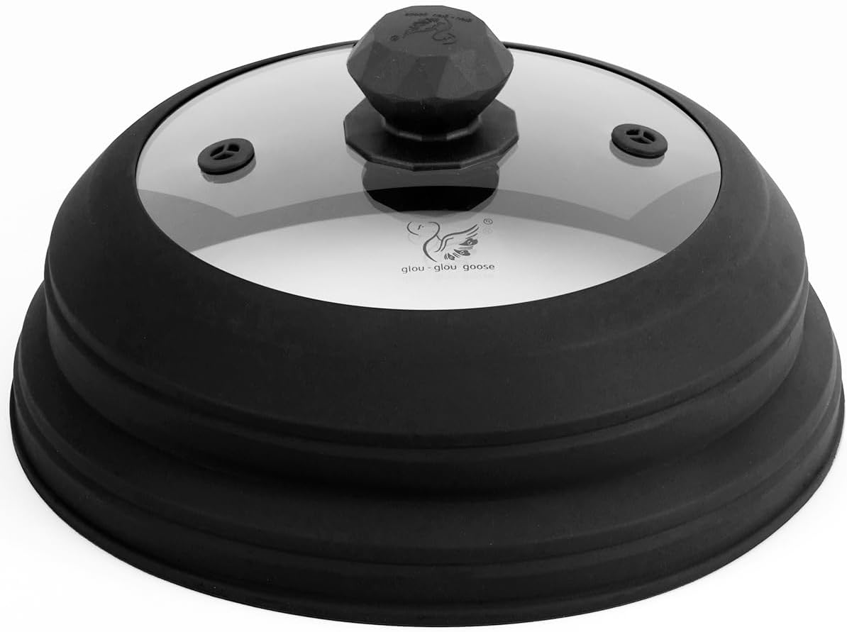 Microwave Splatter Cover Vented Glass Cover Splatter Guard Lid with Collapsible Silicone for Food as Pot Cover Plate Cover 10.8 inch for 6 7 8 9 10 inch Plate Bowl Black