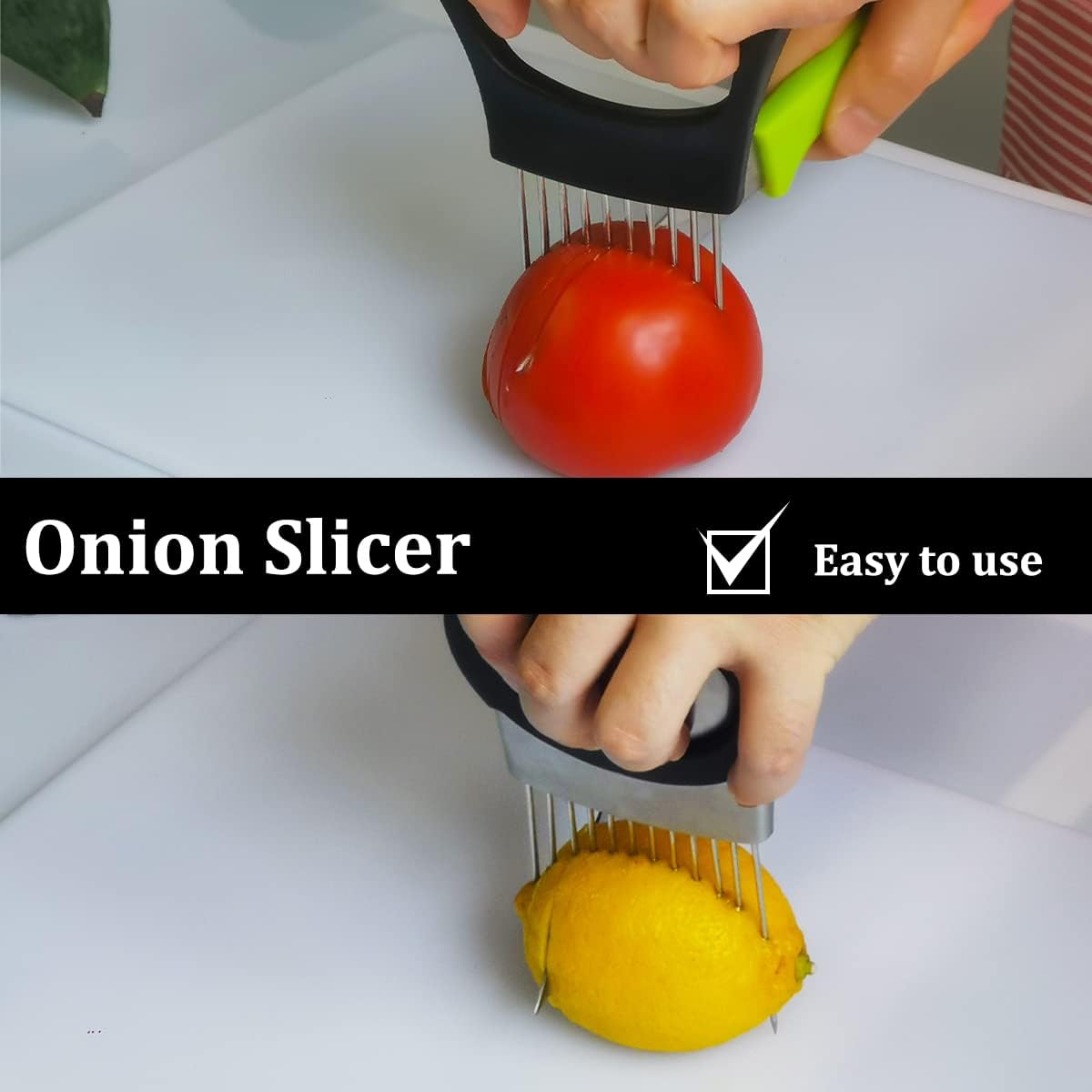2 Pcs Onion Slicer holder,Premium Vegetable Slicing Tool for Potato and Tomato, Food Cutter Assistant Tool for Slicing Fruit Lemon and Meat, Stainless Steel Kitchen Tool, (Green)