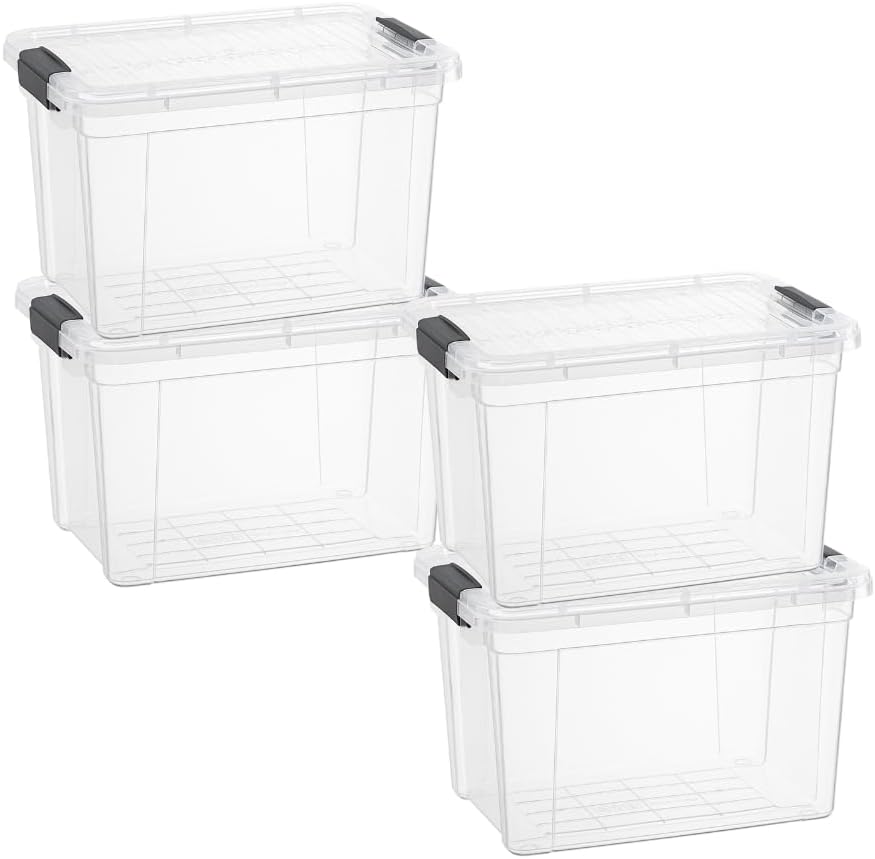 Superio Clear Storage Bins with Lids, Stackable Deep Storage Boxes with Latches and Handles, Extra Small, 4 Pack, Deep Containers for Home, Garage, and Kitchen