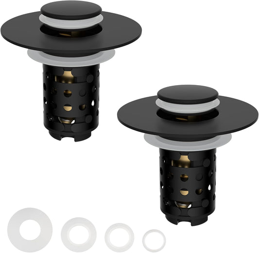 Universal Bathroom Sink Stopper Hair Catcher Upgraded with 2-Layer Detachable Filter Basket, 4 in 1 Pop Up Drain Strainer, Anti-Clog, Odor-Block, Fit for 1.1''~2.36'' Sinks, 2PCS, Matteblack