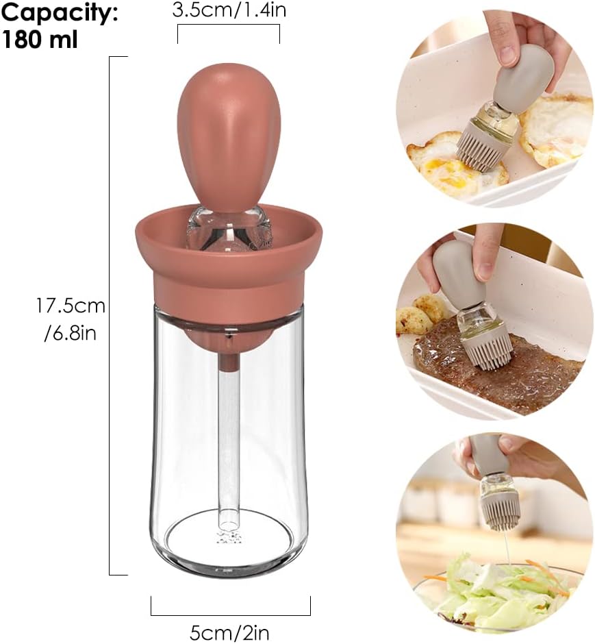 Oil Dispenser with Brush - 2 Pack Olive Oil Dispenser, 2 IN 1 Oil Dispensing Bottle with Basting Brush for Cooking Frying Baking Kitchen, T-OB21 Grey+Red