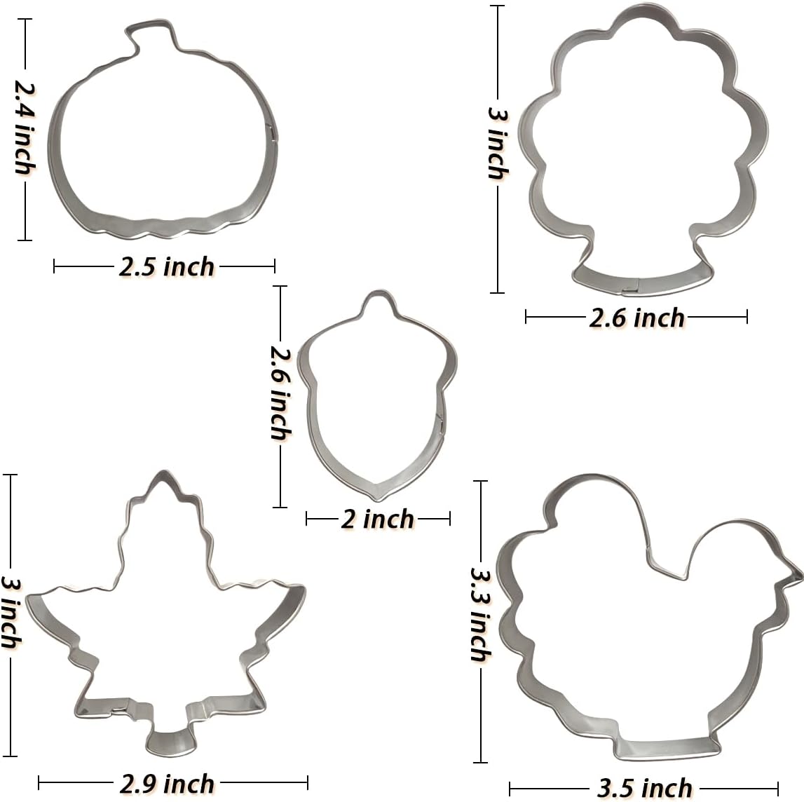Thanksgiving Cookie Cutters Set 5PCS, Food-grade Stainless Steel Turkey Pumpkin Pine Cones Maple Leaf Fall Cookie Cutters Shapes, Sturdy Metal Biscuit Cutters for Home Holiday Family Baking