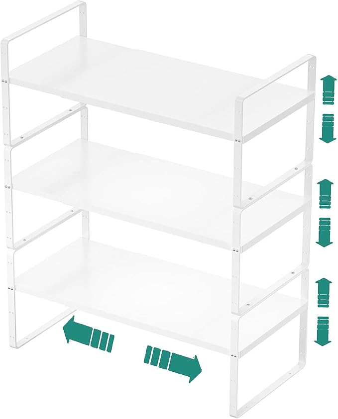 Expandable Cabinet Shelf Organizer Rack, Stackable Kitchen Counter Storage Shelves Stand, Adjustable Height Pantry Shelf Spice Rack, Heavy Duty Nonslip White Small 3Pack