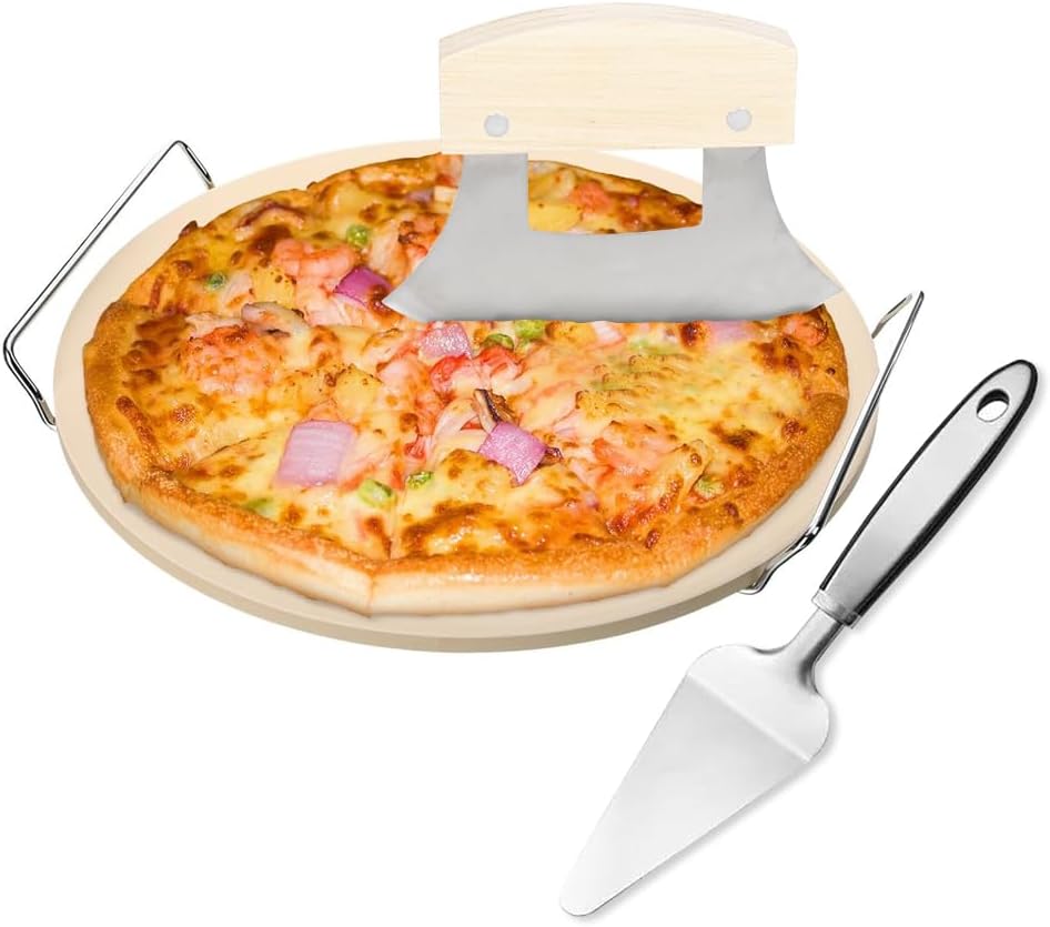 Delux Pizza Stone Set with Pizza Cutter Pizza Server, 13inch Ceramic Baking Stone for Oven and Grill with Metal Handle Rack,Quick Baked n Serving Pizza in Home n Outdoor