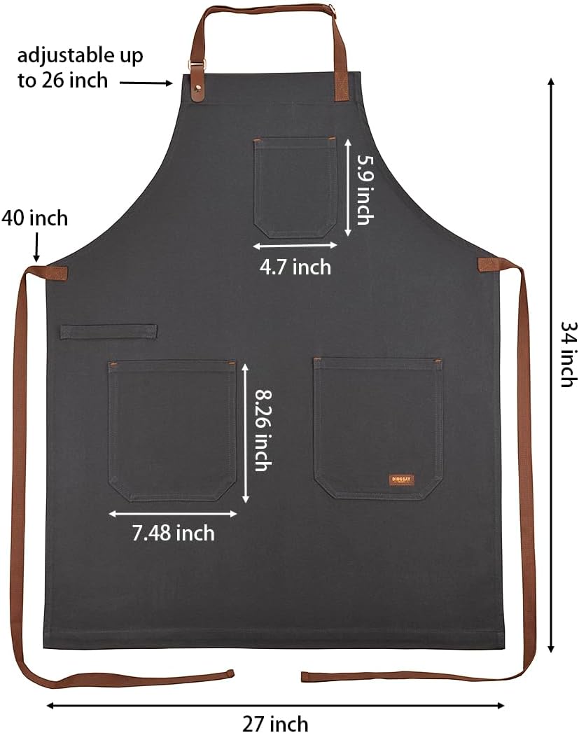 Professional Chef Apron for Men Women with Pockets, Bib Apron for Cooking Kitchen Grill BBQ, with Towel Loop and Adjustable Neck Strap (Dark Grey)