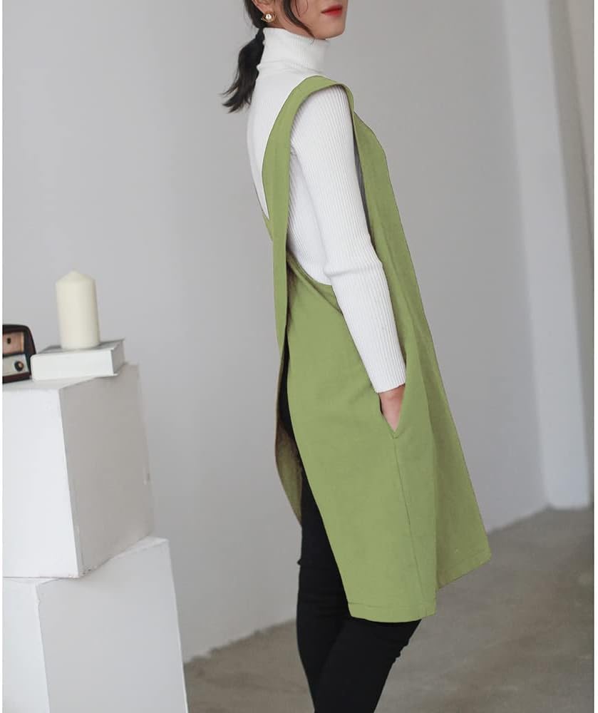 Cotton Linen Japanese Apron Halter Cross Back Bandage X Shape Aprons Two Pockets