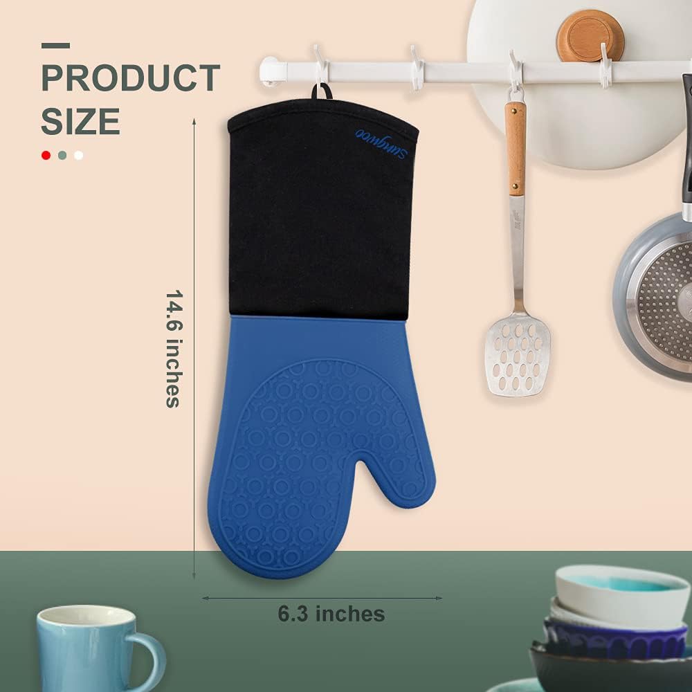 sungwoo Extra Long Silicone Oven Mitts, Heat Resistant Oven Gloves with Quilted Liner Non-Slip Textured Grip Perfect for BBQ, Baking, Cooking and Grilling - 1 Pair 14.6 Inch Royal Blue & Black