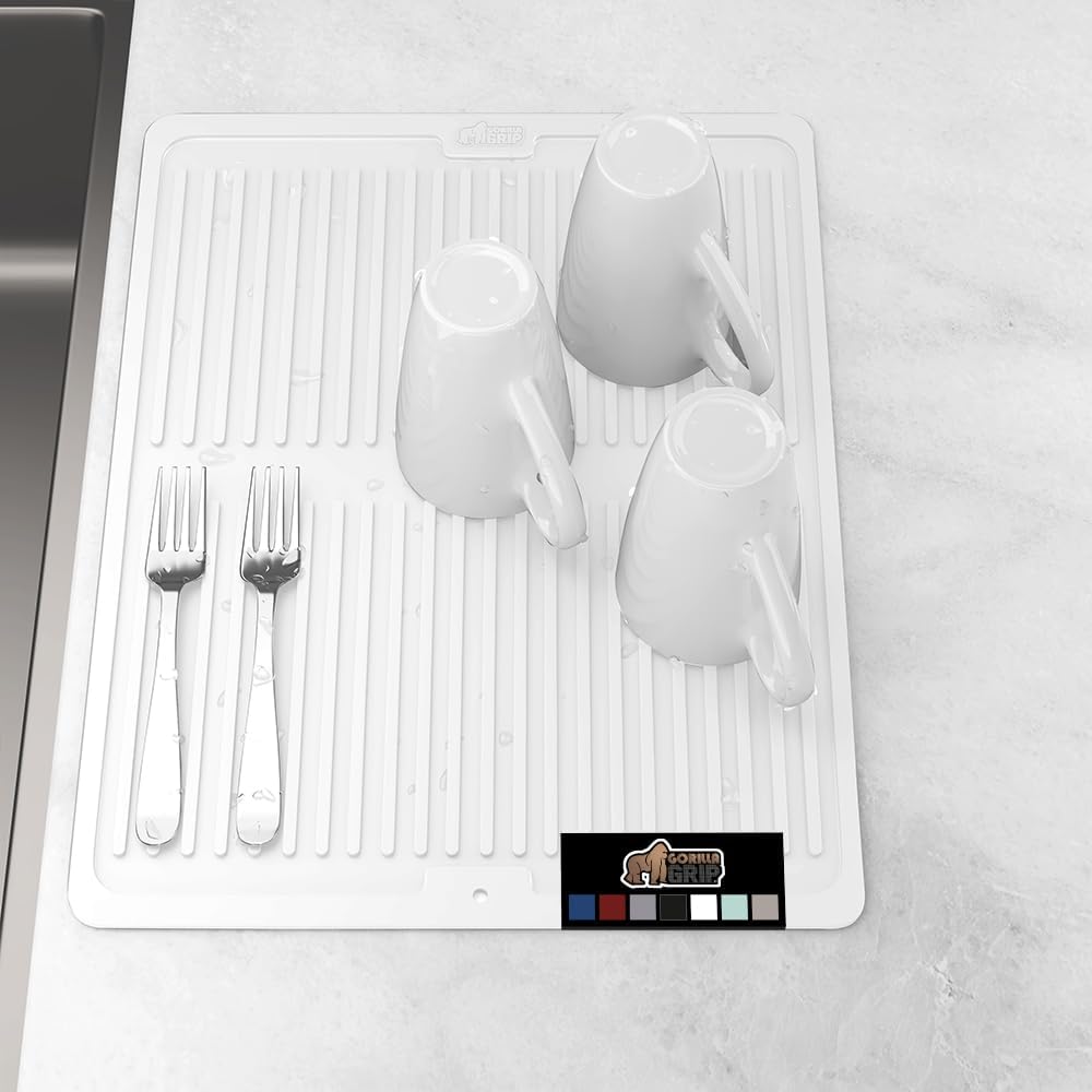 GORILLA GRIP 100% BPA-Free Patented Silicone Dish Drying Mat for Kitchen Counter, Water Catching Ribbed Design, Easy Clean Waterproof Sink Liner, Heat Resistant, Fits Under Rack, 16x12 Inch, White