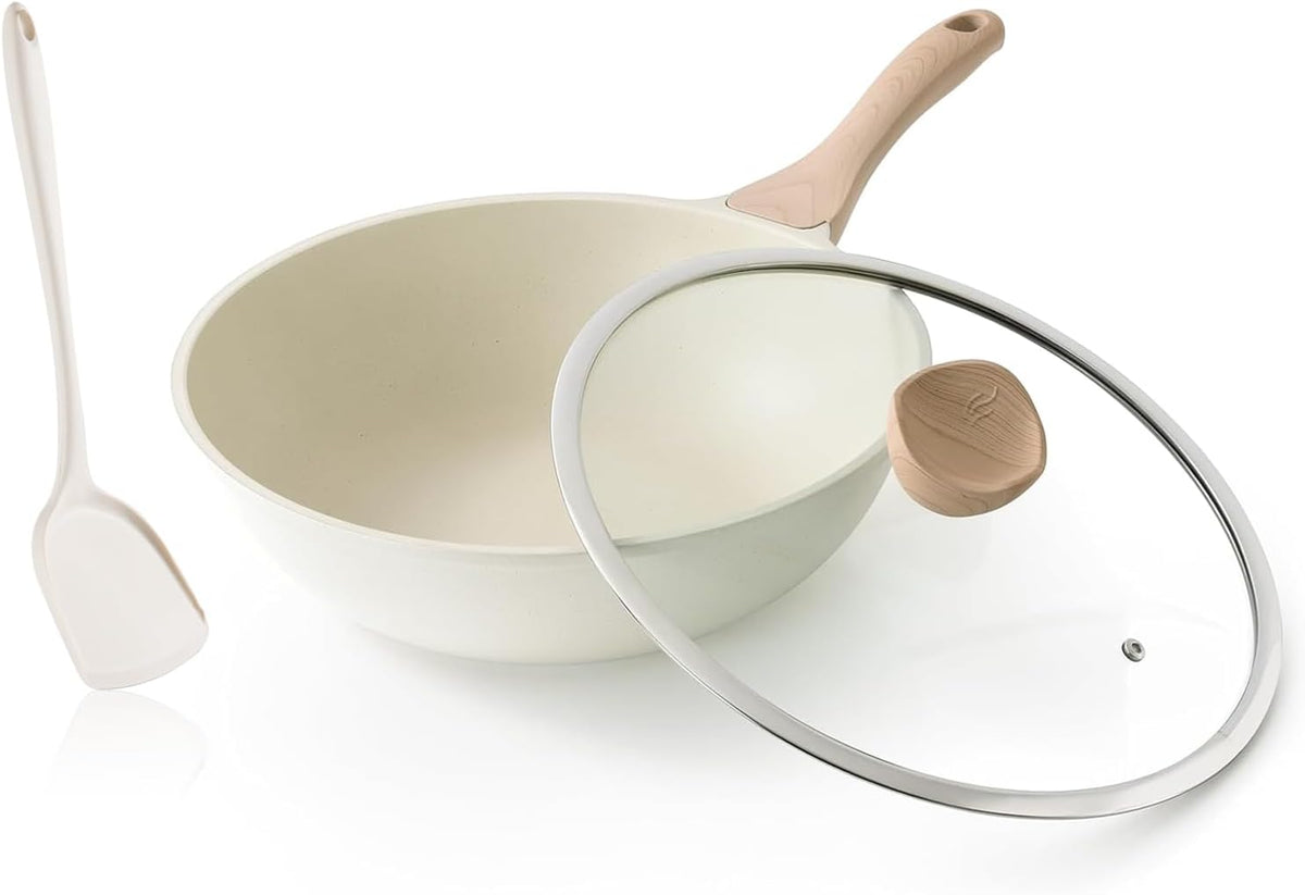 Nonstick Wok with Lid, 12 Inch Woks & Stir-fry Pans, Healthy Coating Induction Cookware, Compatible with All Stovetops, PFOA Free (Cream White)