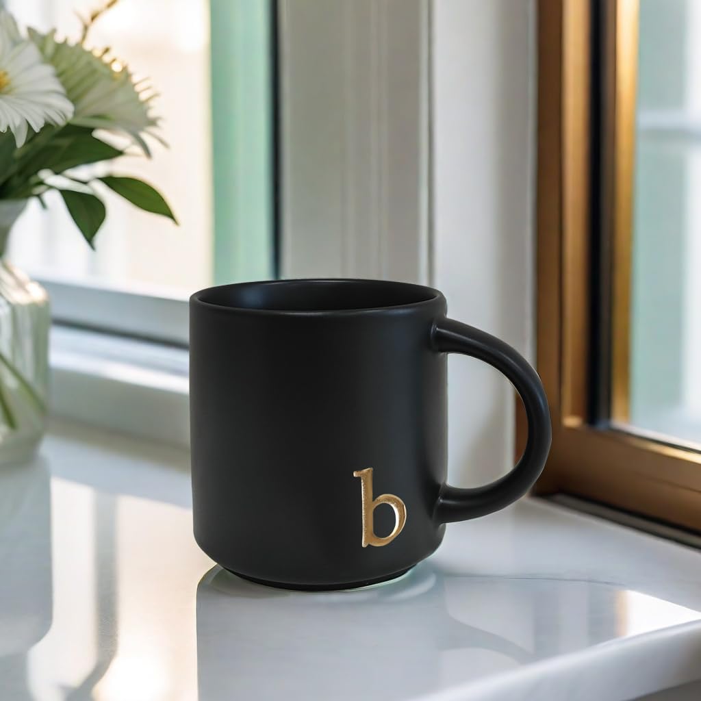 COLLECTIVE HOME - Black Monogram Ceramic Mugs, 15 oz Golden Initial Coffee Cups, Elegant Alphabet Tea Mugs, Personalized Halloween Mug with Gift Box, Perfect for Office and Home Décor (b)
