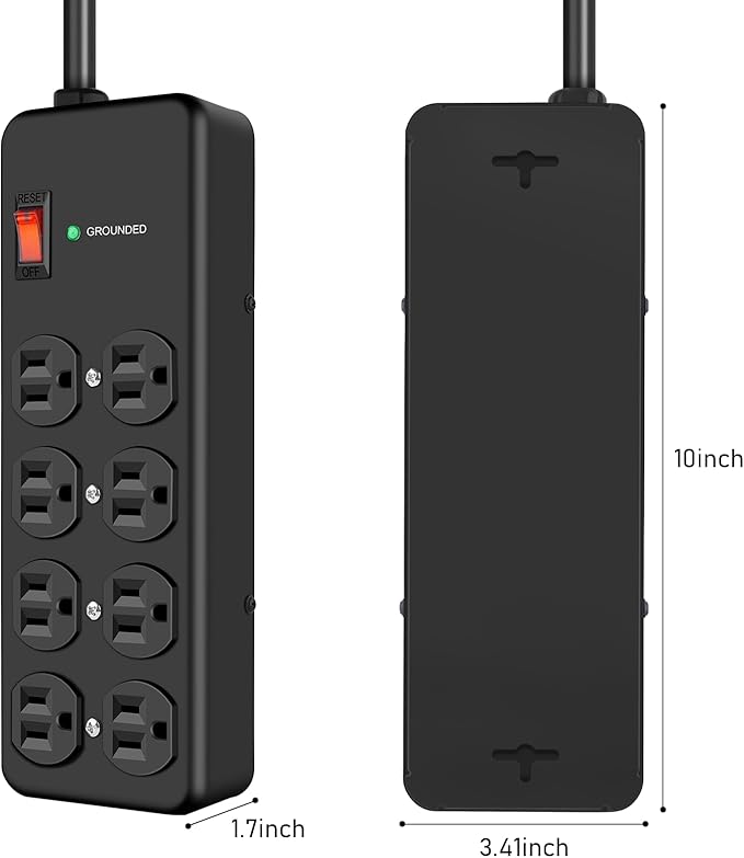 HEZI 8 Outlet Heavy Duty Power Strip, 15Amp Metal Mountable Surge Protector (2700J), Industrial Wall Mount Power Strip for Home, Office, Garage & Workshop, 15FT 14AWG Extension Cord