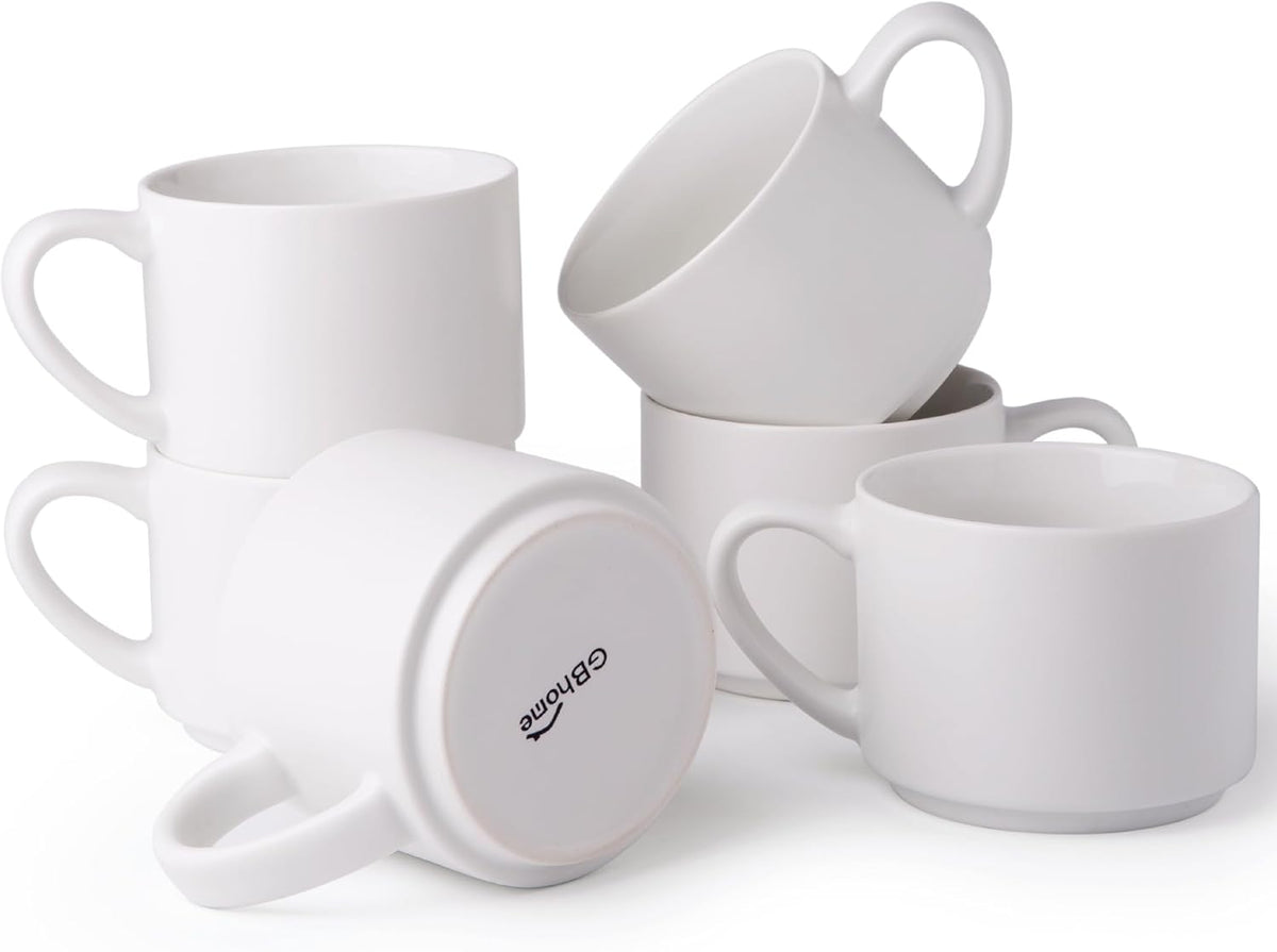 GBHOME 14 OZ Coffee Mugs Set of 6, Stackable Ceramic Mugs for Men, Women, Modern Coffee Mugs With Stable Base for Latte, Tea, Cappuccino. Dishwasher & Microwave Safe, Matte White