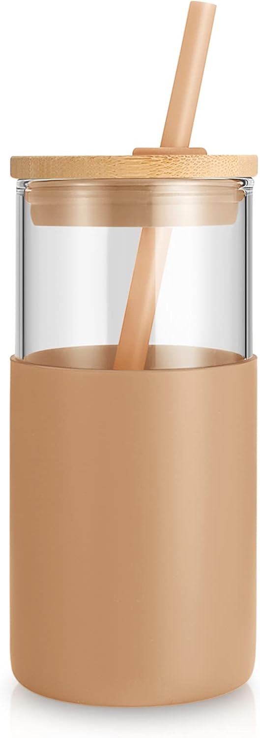 Tronco 16 oz Glass Tumbler with Straw and Bamboo Lid, Iced Coffee Cup Reusable, Smoothie Cups, Tumbler with Silicone Protective Sleeve - BPA Free