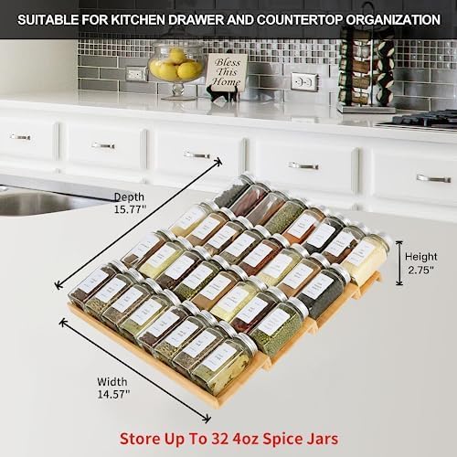 Spice Drawer Organzier,4 Tiers Bamboo Spice Rack Tray Insert for Cabinet Drawer Countertop, Kitchen Seasoning Storage Drawer Organization,14.57" Wide x 15.8" Deep （Hold UP To 32 Jars