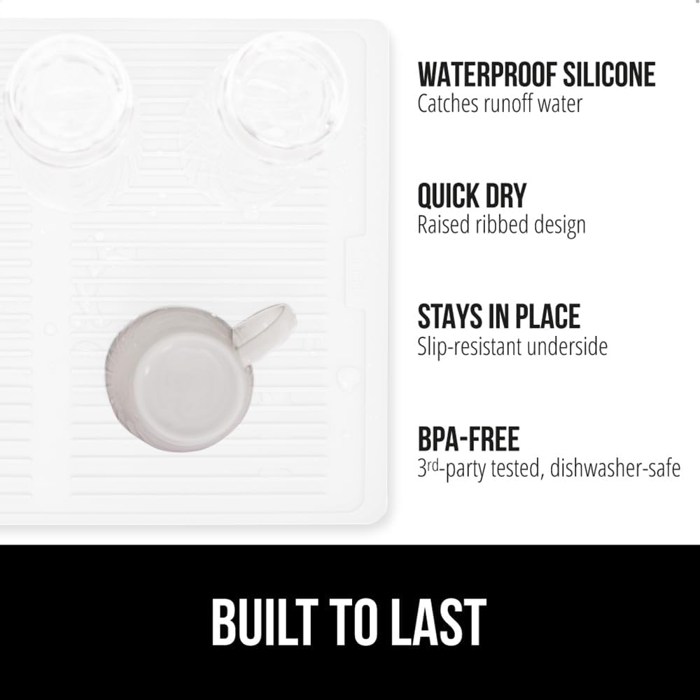 GORILLA GRIP 100% BPA-Free Patented Silicone Dish Drying Mat for Kitchen Counter, Water Catching Ribbed Design, Easy Clean Waterproof Sink Liner, Heat Resistant, Fits Under Rack, 16x12 Inch, White